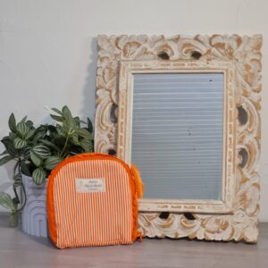 Pochette carrée tissu orange rayé, fermeture dentelle