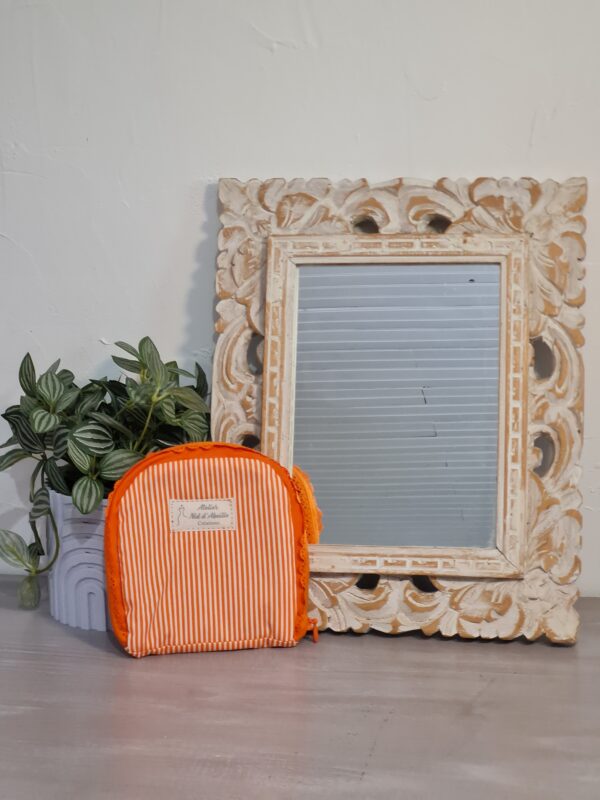 Pochette carrée tissu orange rayé, fermeture dentelle