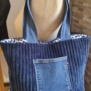 Cabas velours bleu marine grosses côtes