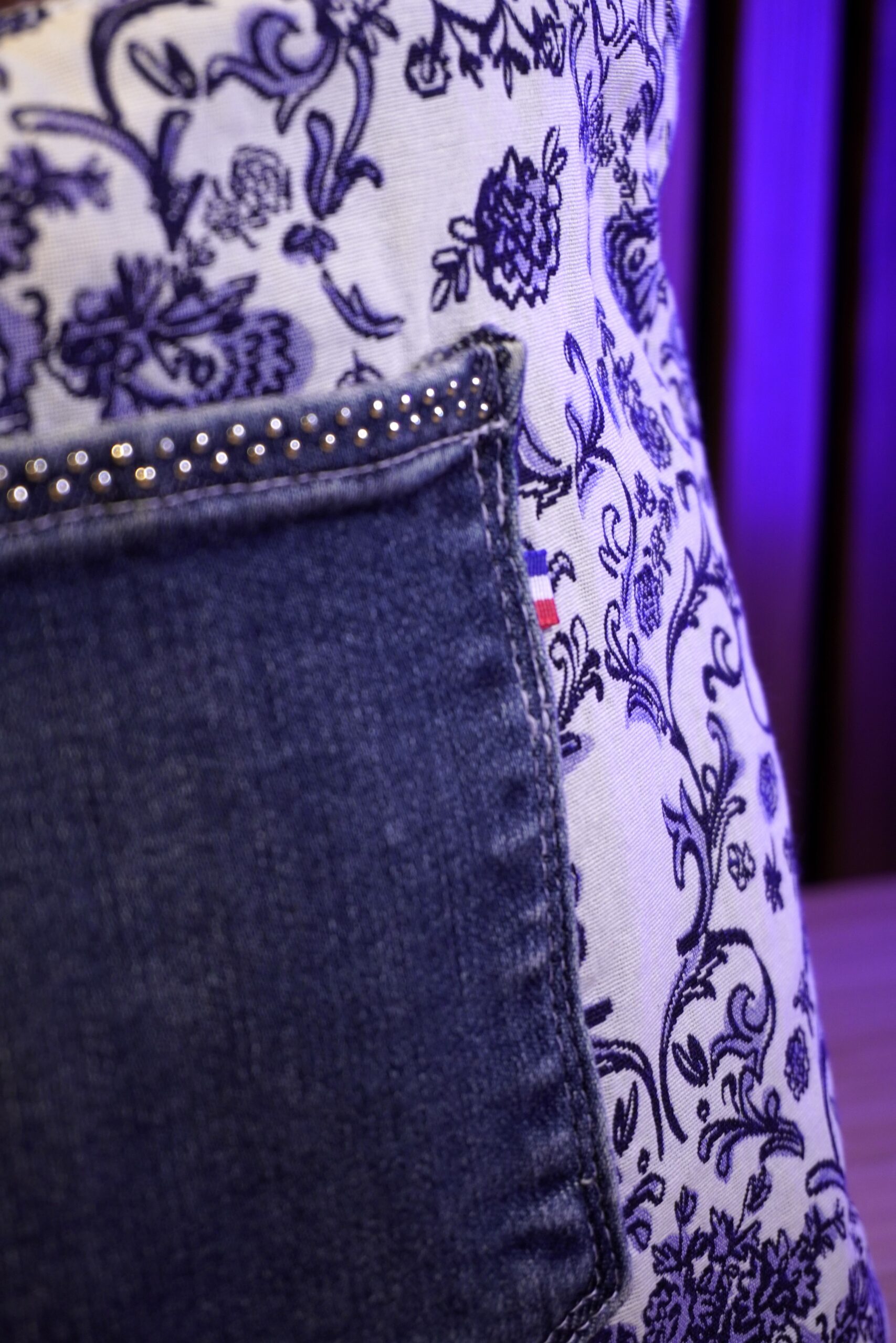 Cabas jacquard blanc et bleu fleuri baroque – Image 4
