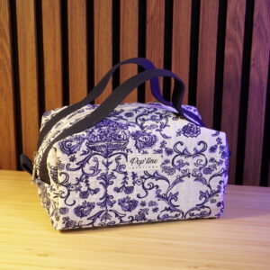 Trousse de toilette jacquard blanc et bleu, floral baroque